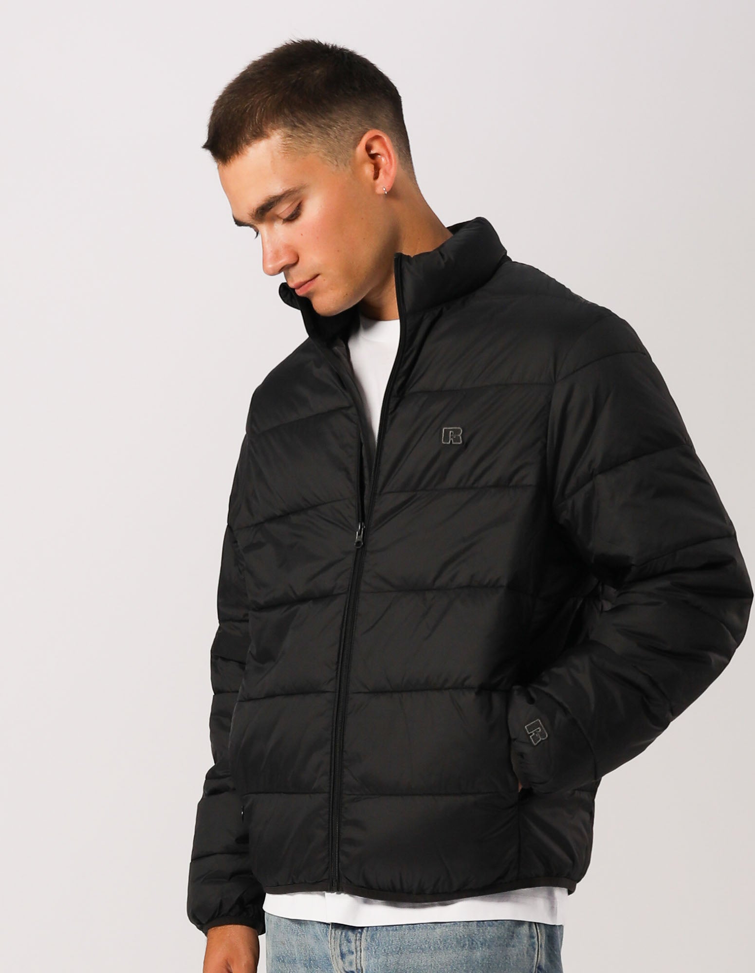 Russell Athletic Australia R Logo Lightweight Packable Puffer Jacket - Black True Since 1902