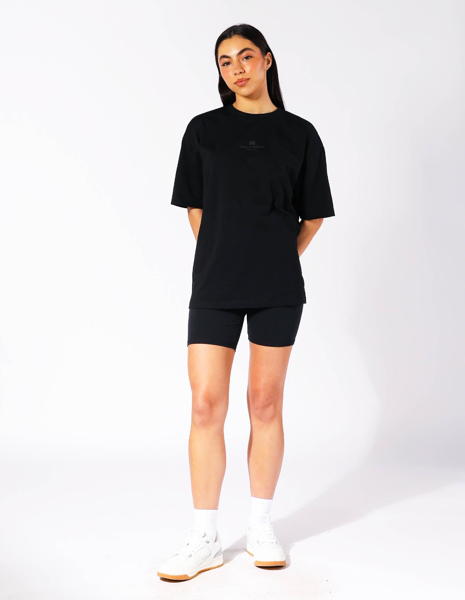 Russell Athletic Australia Women's Oversized Tonal Logo Black Tee | Russell Athletic True Since 1902
