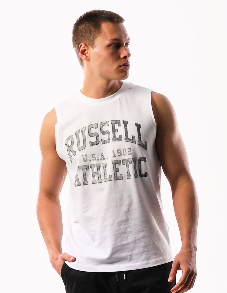 Russell Athletic Australia Men's Distressed Arch Muscle Tank - White True Since 1902