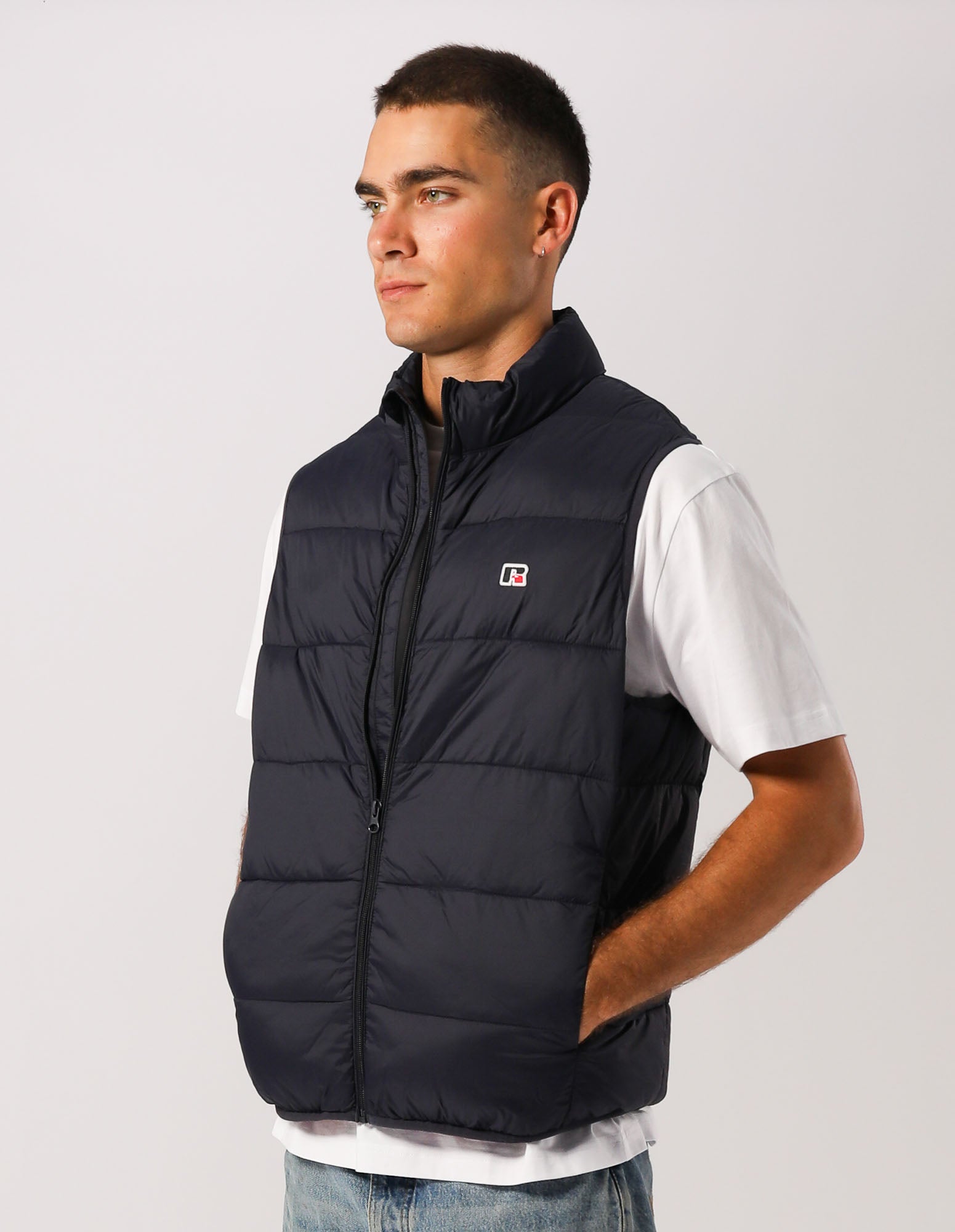 Russell Athletic Australia Unisex R Logo Lightweight Packable Puffer Vest - Michigan Navy True Since 1902