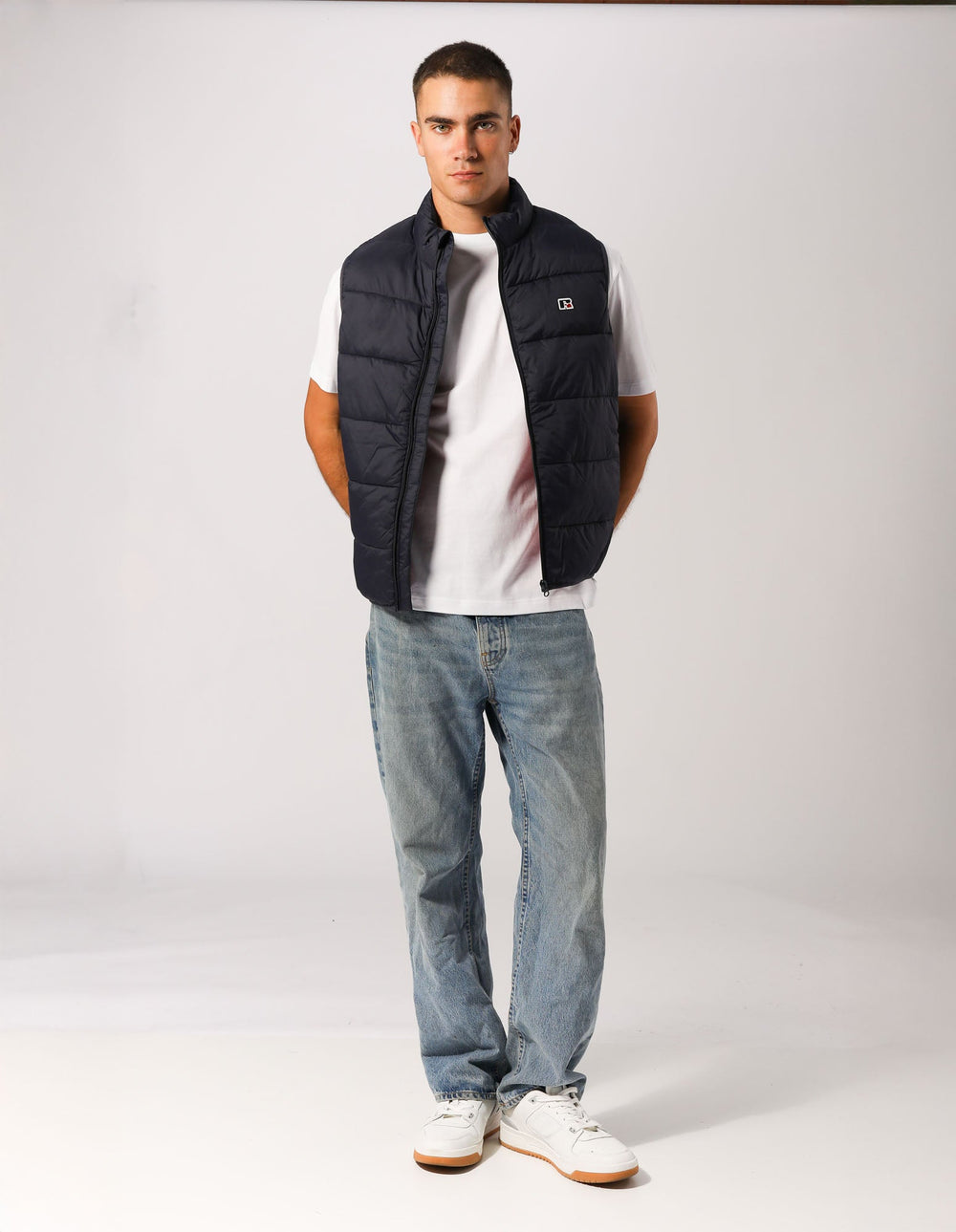 Russell Athletic Australia Unisex R Logo Lightweight Packable Puffer Vest - Michigan Navy True Since 1902