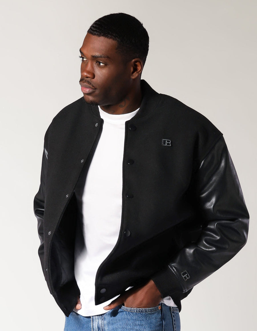 Men's R Logo Melton Varsity Jacket - Black