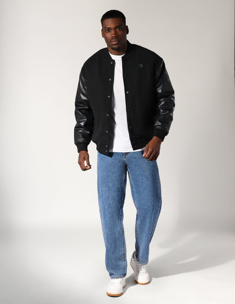 Men's R Logo Melton Varsity Jacket - Black
