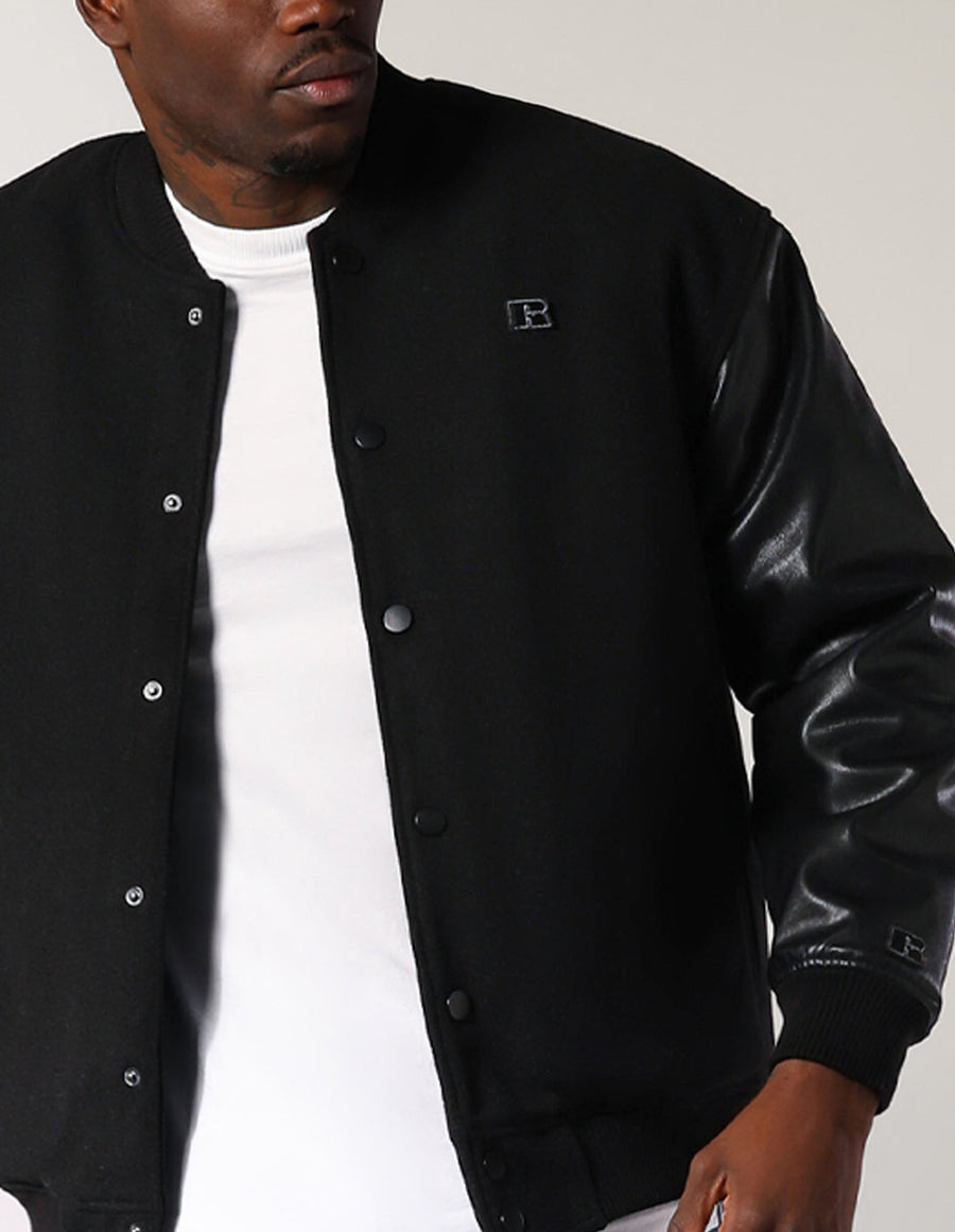 Men's R Logo Melton Varsity Jacket - Black