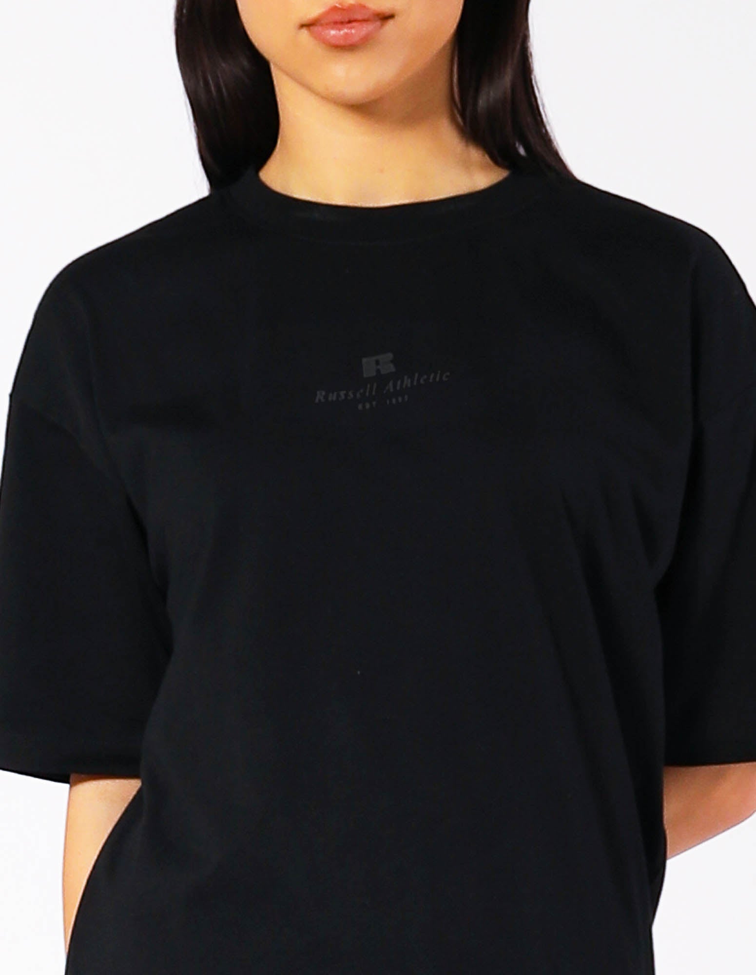 Russell Athletic Australia Women's Oversized Tonal Logo  Black Tee | Russell Athletic True Since 1902
